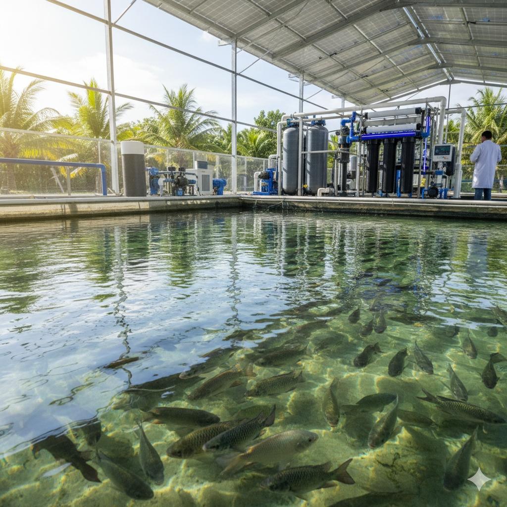 水產養殖池塘,池水清澈見底,魚群健康游動,背景有水處理設備