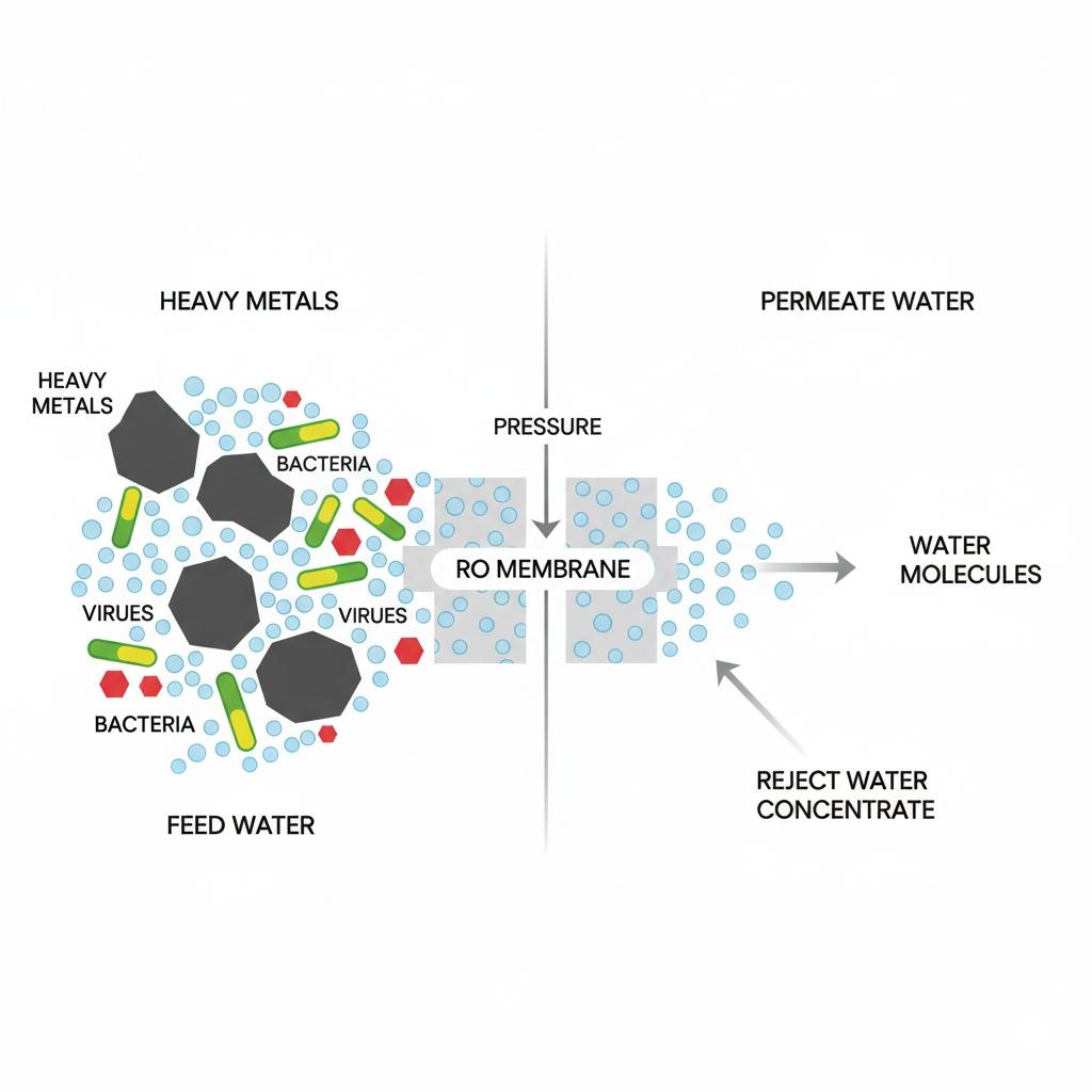 RO逆滲透膜原理圖,顯示水分子通過而重金屬、細菌、病毒等雜質被有效攔截