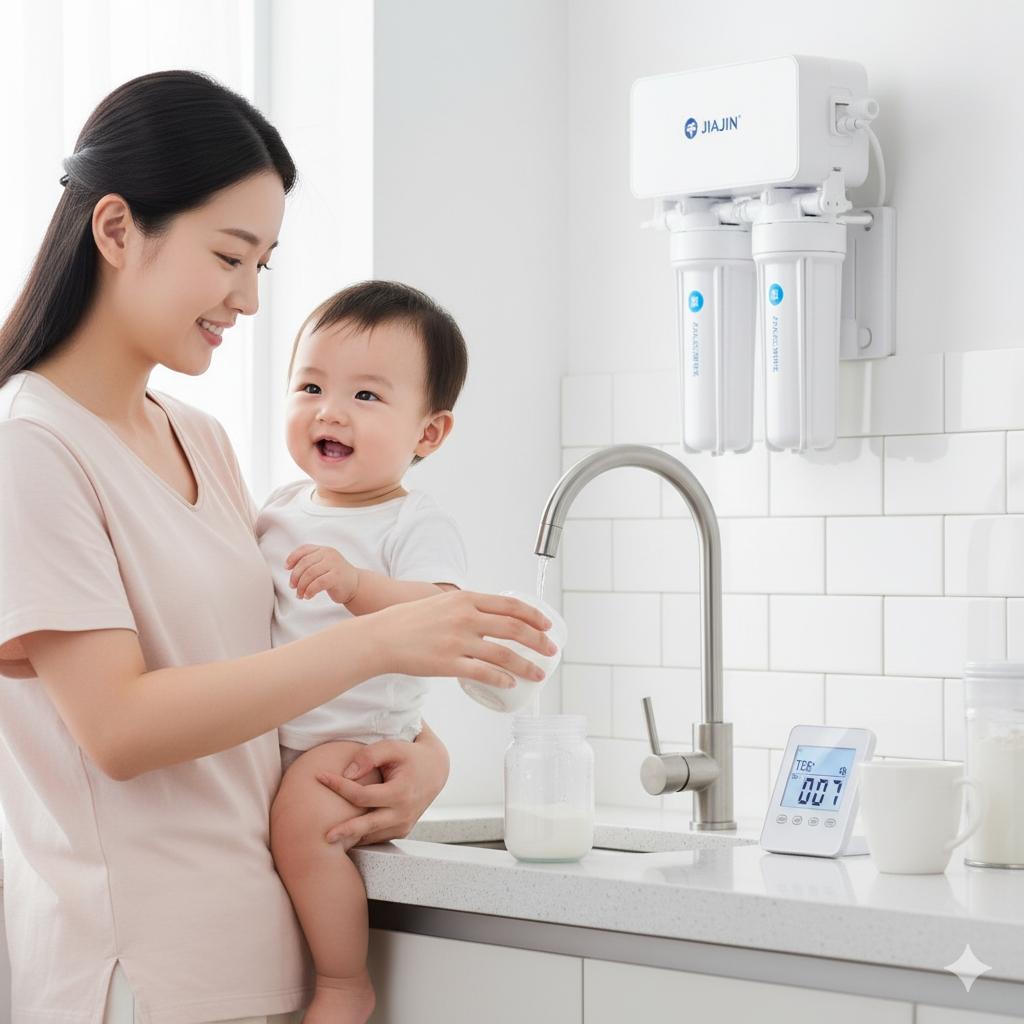 媽媽使用佳津淨水RO純水機的水,安心地為寶寶沖泡奶粉,畫面溫馨。