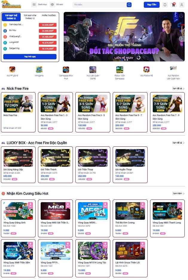 Shop bán acc game Free Fire, Roblox,... - tích hợp api nạp tự động cực xịn giá rẻ