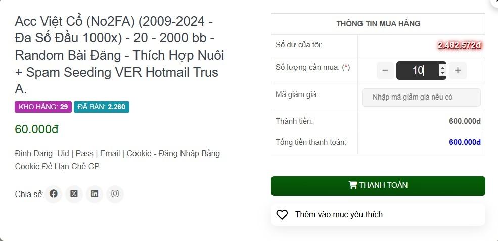 Nhập số lượng acc Facebook cần mua