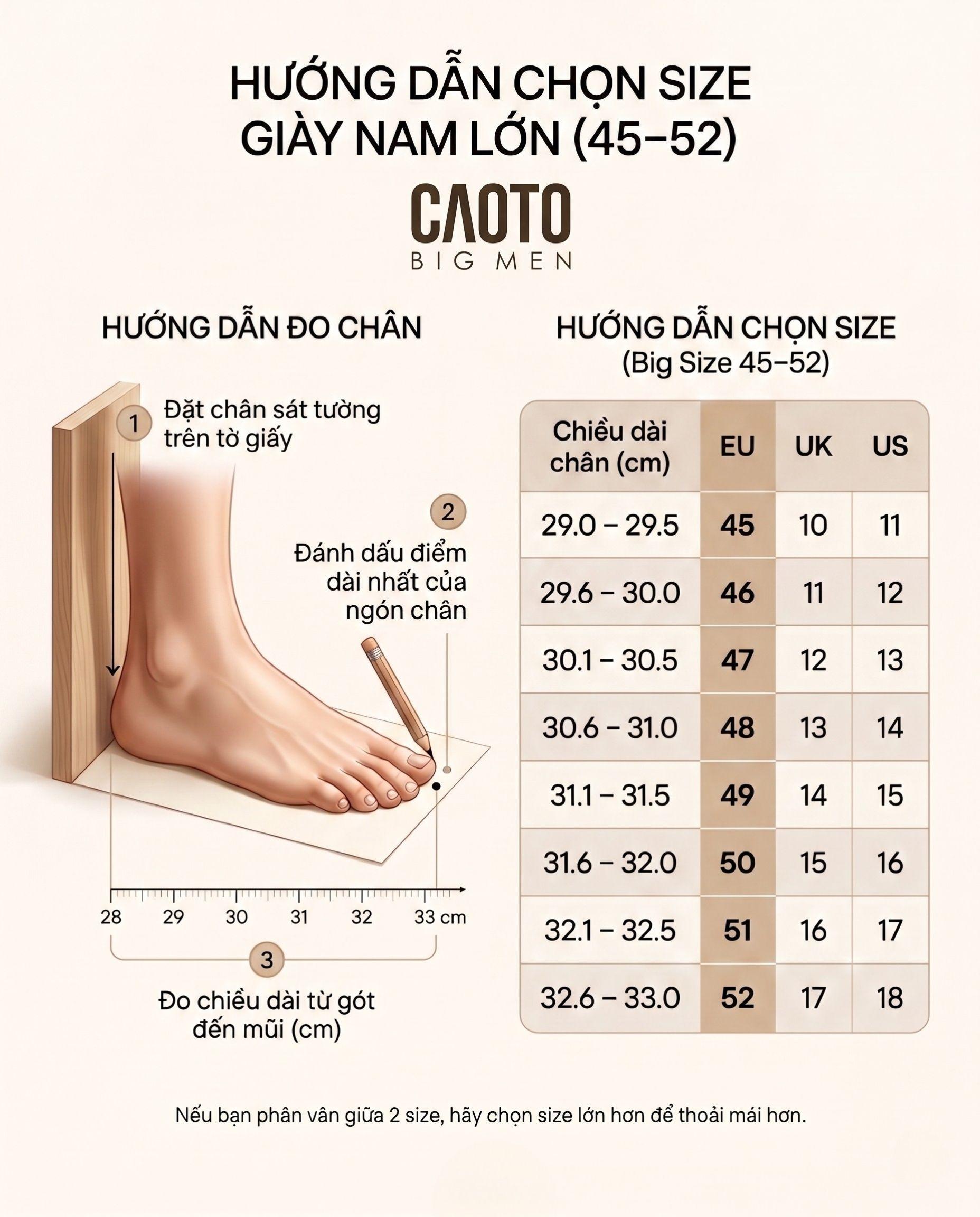 Bảng hướng dẫn chọn size giày nam big size từ 45 đến 52