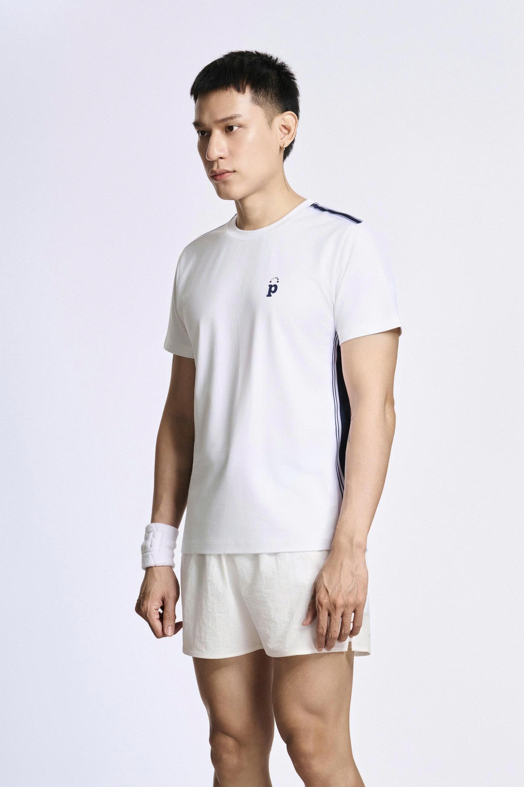 Giền Pickleball - TSHIRT nam basic trắng sọc navy