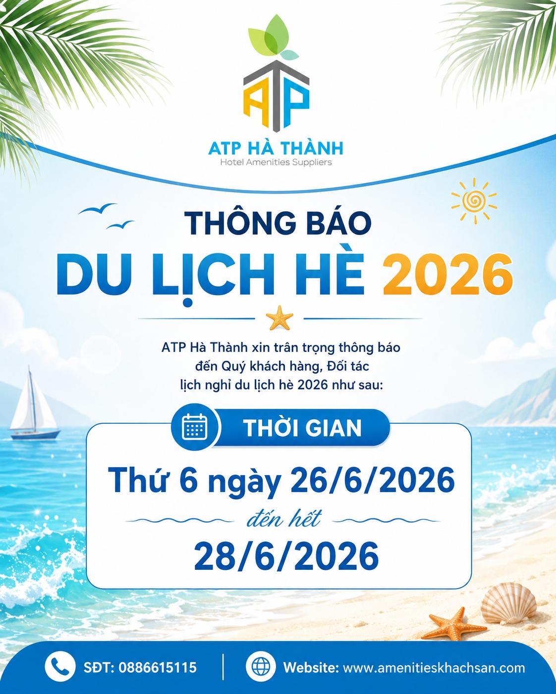 Thông báo lịch nghỉ du lịch hè 2026 ATP Hà Thành