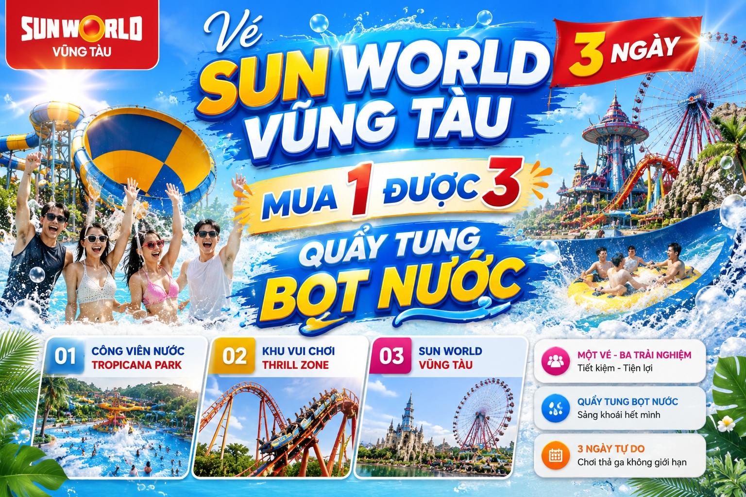 Vé Sun World Vũng Tàu 3 ngày: Mua 1 được 3 quẩy tung bọt nước