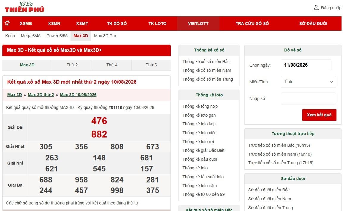 Xổ số Max 3d ngày 12/08/2026